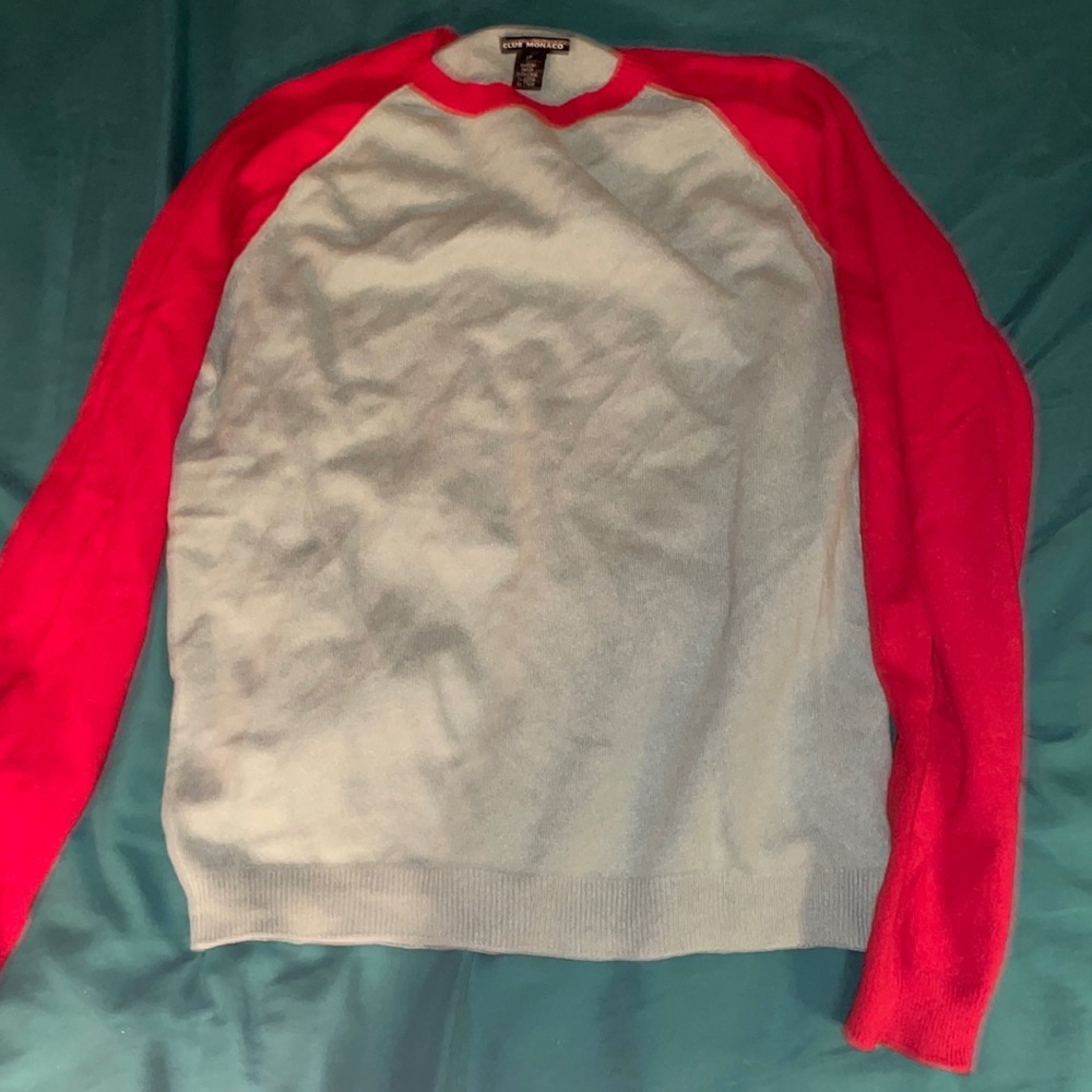 Club Monaco Blue & Red Cashmere Baseball Sweater Size Small